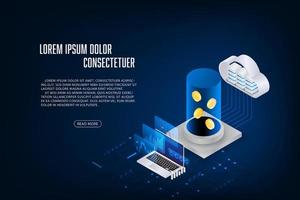 concepto de aplicación en línea de finanzas y comercio de portátiles isométricos vectoriales. portátil y coint con nube. vector