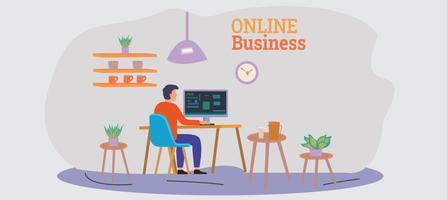 Vector Illustration Online platform.ONLINE BUSINESS PLATFORM .  A man doing online business in trendy style working his project remotely from home.