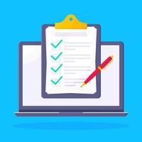 Complete checklist with check marks tick popped above the notebook laptop monitor screen icon vector illustration. Technology concept of online survey isolated on blue background.