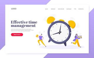 Good working time or effective time management business concept. Analog alarm clock rings and people hurry up to work or education exam vector illustration. Quick reaction awakening and deadline.