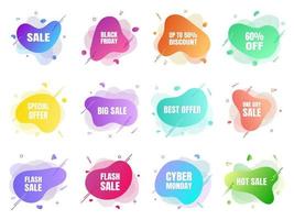 12 modern liquid abstract sale set. Clearance, big sale, black friday, special offer, hot price etc text gradient flat style design fluid vector colorful vector illustration banner shape advertising