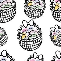 Seamless pattern Doodle colored eggs in a basket vector