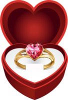 anillo de oro con gema de corazón rosa en caja de terciopelo rojo png