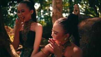 een groep van Aziatisch Dames lachend en zittend samen in een groen jurk terwijl vergadering hun vriend in de Woud video