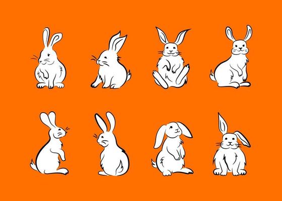 Set of sketch illustrations of cute fluffy rabbits, hares. Bunnies in various poses. Hand-drawn black brush outline and white color fill. Creative clip art made in simple lines, for prints
