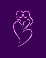 Love bond, elegant sketch outline of a couple in shape of heart. Honeymoon, Valentine calligraphy silhouette of man and woman hugging each other. Pink neon glowing light effect on violet background vector