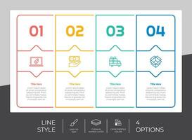 diseño de vector infográfico cuadrado de flujo de trabajo con 4 opciones y diseño de línea. la infografía de opción se puede utilizar para presentación, informe anual, propósito comercial.