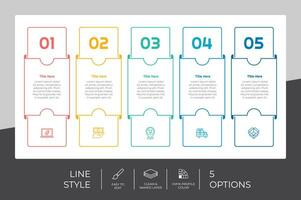 diseño de vector infográfico cuadrado de flujo de trabajo con 5 opciones y diseño de línea. la infografía de opción se puede utilizar para presentación, informe anual, propósito comercial.