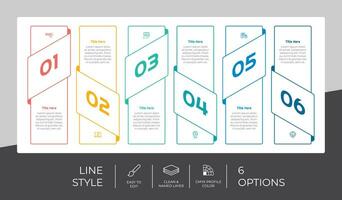 diseño de vector infográfico de proceso cuadrado con estilo colorido de 6 pasos para fines de presentación.infografía de paso de línea se puede utilizar para negocios y marketing