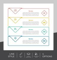 diseño de vector infográfico cuadrado de flujo de trabajo con 4 opciones y diseño de línea. la infografía de opción se puede utilizar para presentación, informe anual, propósito comercial.