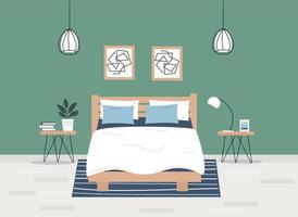 Modern bedroom with furniture. Bed, table, lamps, carpet. Vector illustration in flat style.