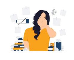 Tired business woman holding her hair under stress during work, headache, migraine, dizzy, tired, Frustrated, Deadline, Tiredness, feeling exhausted because of overwork concept illustration vector