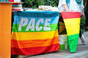 Signature collection table with rainbow peace flag photo