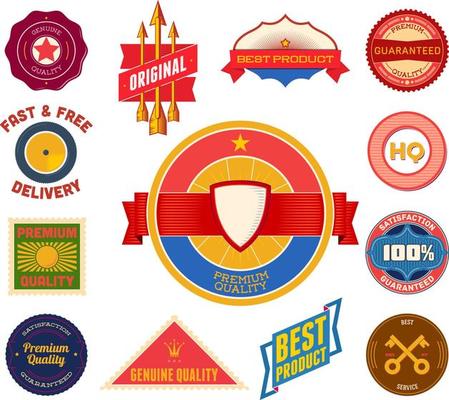 Set of flat colored vintage Premium Quality labels. Collection 8