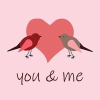 Vector square minimalistic illustration with two birds, a heart and text You and me. Can be used as Valentine's day card, party invitation, tag, print, social media template. Pastel colors