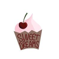 ilustración vectorial con letras dulces sueños y un cupcake. cuadrado minimalista con fondo blanco. pegatina, tarjeta de felicitación, postal, impresión, icono vector