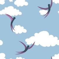 Seamless pattern with swallows in blue sky with clouds vector