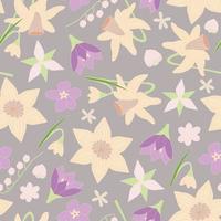 Floral vector seamless pattern in pastel colors. Hand drawn early spring flowers daffodils, jasmine, myrtle, lily of the valley. Paper or textile print