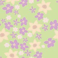 Seamless pattern with early spring flowers in pastel colors on pale green background vector