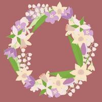 Square vector illustration with a wreath of early spring flowers on brown