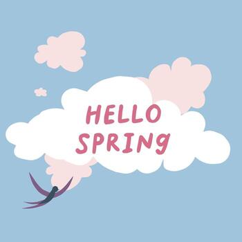 Square vector illustration with sky, clouds and a swallow. Text Hello spring
