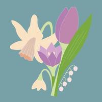 Square vector illustration of a boquet of early spring flowers in pastel colors on teal background