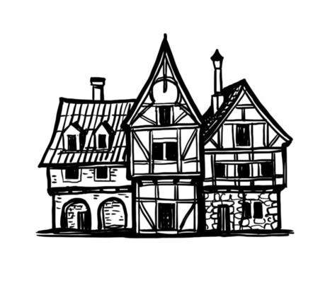 Ink sketch of medieval European houses.