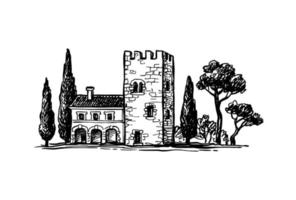 Ink sketch of italian country house. vector