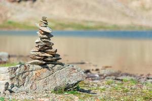 marca del camino correcto en las montañas, cerca de un lago foto