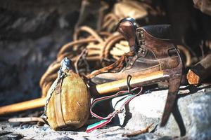 Old water bottle and ancient mountaineering material photo