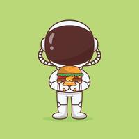 astronauta lindo con ilustración de dibujos animados de hamburguesa grande vector