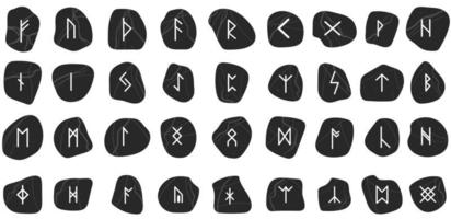 Rune. Set of Doodle Black Texture Stone. Mystical, Esoteric, Occult, Magic Glyphs. For Game Interface. vector