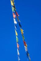 Two rows of colorful Tibetan Buddhist prayer flags waving in the photo