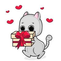 lindo gato con regalo y corazones vector