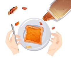 Día de los amantes de la mantequilla de maní. sándwich de mantequilla de maní en un plato con nueces. ilustración vectorial plantilla para diseño web, banner, publicidad, postal vector