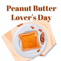 Día de los amantes de la mantequilla de maní. sándwich de mantequilla de maní en un plato con nueces. ilustración vectorial plantilla para diseño web, banner, publicidad, postal vector