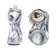 Flat compressed shiny aluminum can isolated on white background with clipping path photo