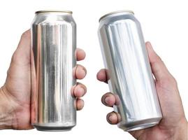 Hand hold mockup shiny aluminum slim can isolated on white background with clipping path photo