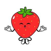 Cute funny Strawberry doing yoga character. Vector hand drawn traditional cartoon vintage, retro, kawaii character illustration icon. Isolated on white background. Strawberry relax character