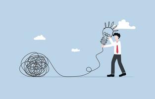 Gain knowledge from problem solving, turn crisis to opportunity for learning and skill development, find creative solution concept, Businessman create light bulb from tangled line. vector