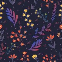 Beautiful seamless vector floral pattern bright flowers and leaves of the plant outline on a dark blue purple background Vector flowers