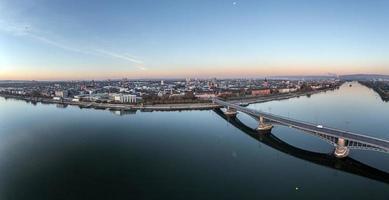 Drone panorama on the Rhine over the Theodor-Heuss bridge on the Mainz Rhine bank at sunrise photo