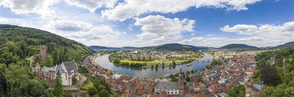 Aerial drone panoramic picture of the medieval city of Miltenberg in Germany during daytime photo