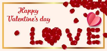 fondo del concepto del día de san valentín. ilustración vectorial corazón de papel y pétalos de rosa forman la palabra amor. linda pancarta de venta de amor o tarjeta de felicitación. vector