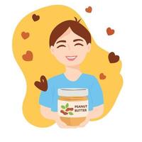 Smiling boy with a  peanut buttter bottle jar. Vector Illustration for National Peanut Butter Lovers Day on hearts background.