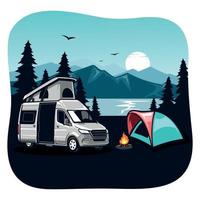 RV camping and camper van concept art. Flat style illustration of beautiful landscape, lake, mountains, forest, tent, and a campfire vector