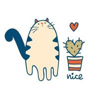 Doodle cat and heart shaped cactus in flower pot. Perfect print for tee, stickers, poster. vector