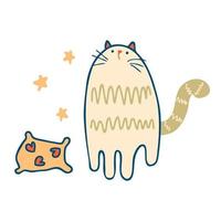 Hand drawn cute striped cat, pillow and stars. Perfect print for tee, stickers, poster. vector