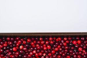 Background of ripe red cranberry berries and white space for copying, top view of cranberry berries photo