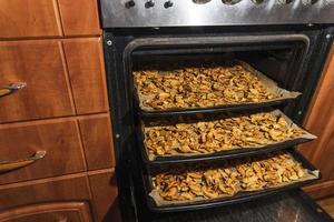 apple slices are dried on baking sheets in the stove, dried fruits photo